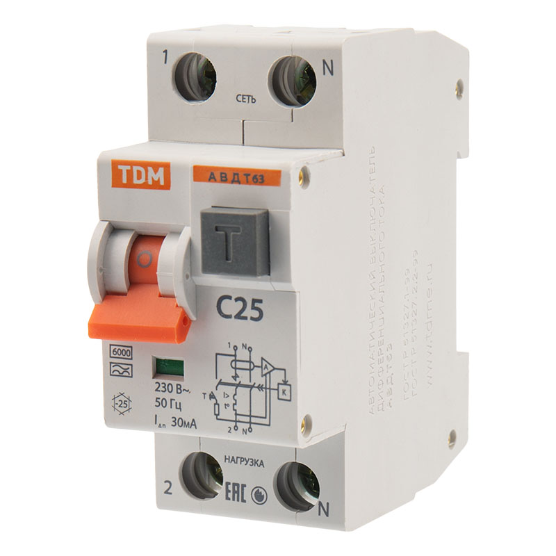 Автоматический выключатель дифференциального тока 2Р 25A 30mА 6kА (тип А) АВДТ63 TDM 