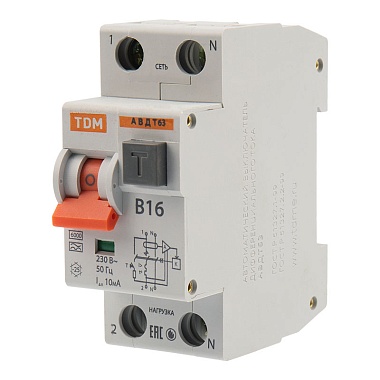 Автоматический выключатель дифференциального тока 2Р 16B 10mА 6kА (тип А) АВДТ63 TDM