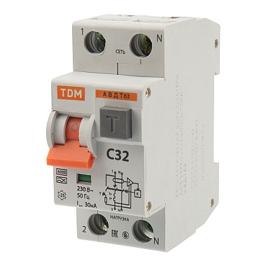 Автоматический выключатель дифференциального тока 2Р 32A 30mА 6kА (тип А) АВДТ63 TDM